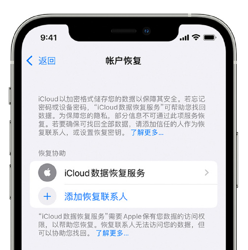 仪征苹果手机维修分享在 iPhone 上设置帐户恢复联系人的方法 