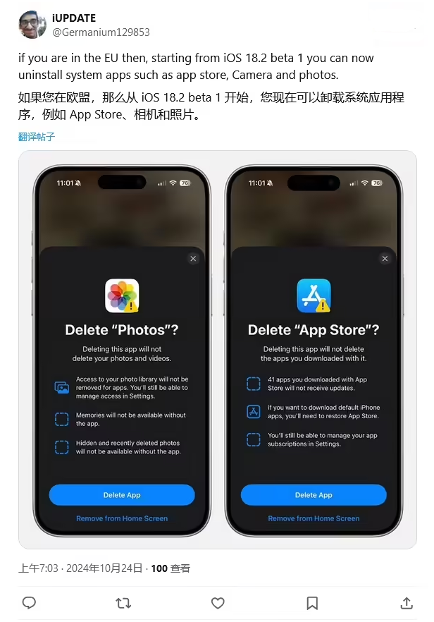 仪征苹果手机维修分享iOS 18.2 支持删除 App Store 应用商店 