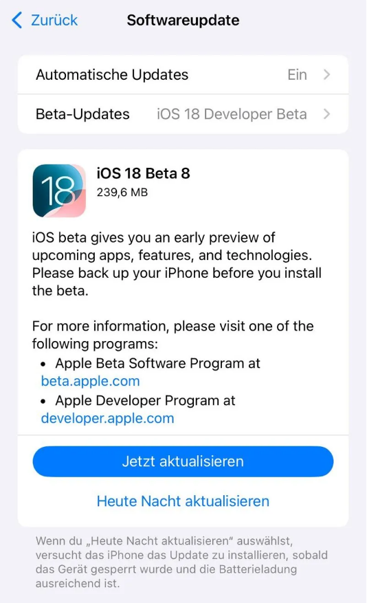 仪征苹果手机维修分享苹果 iOS / iPadOS 18 开发者预览版 Beta 8 发布 